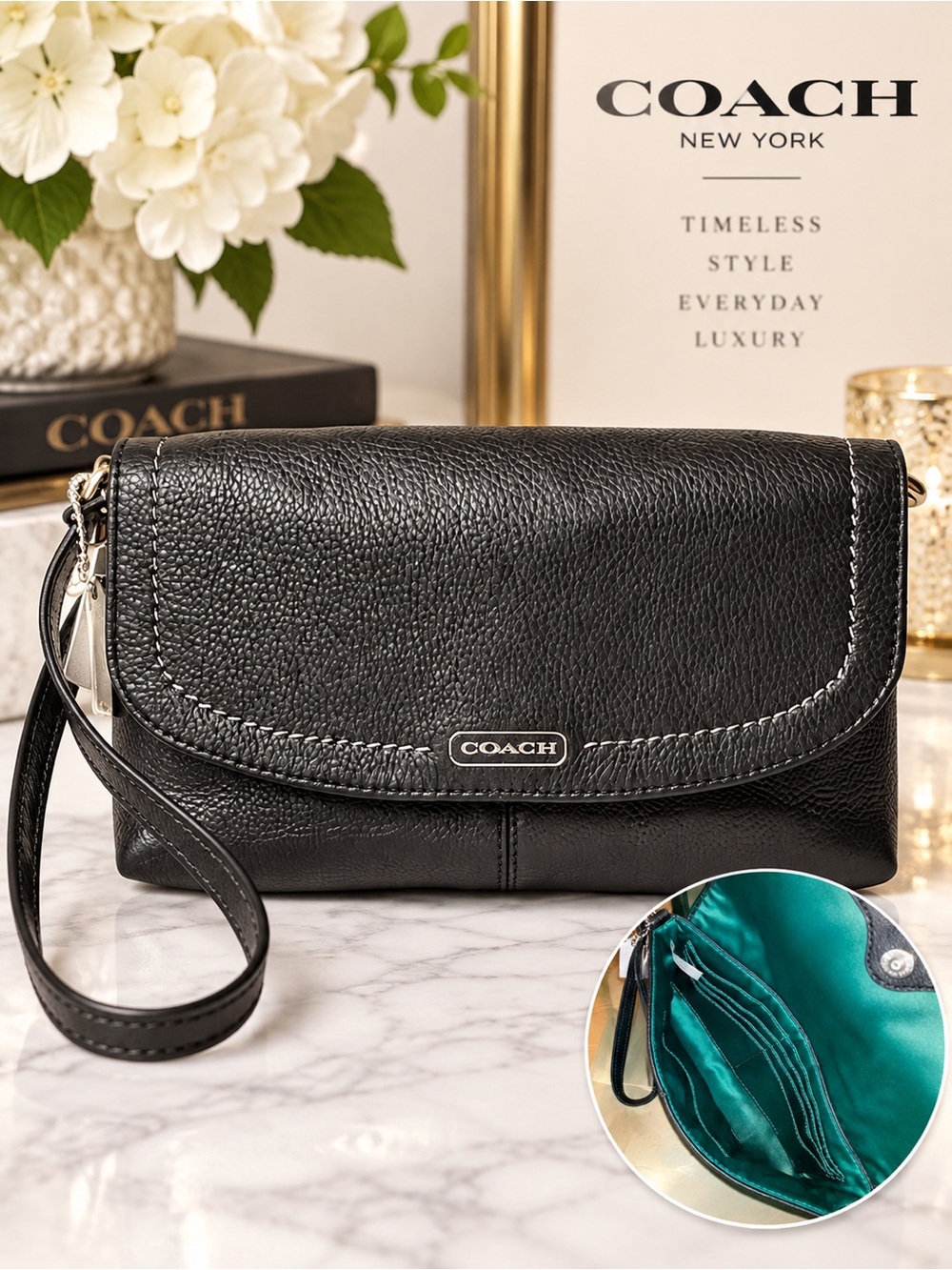Coach Black Pebbled Leather Wristlet with Teal Silk Interior NWT